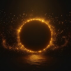 Fototapeta premium Mysterious glowing golden ring of sparks and particles around a dark void with a shimmering water reflection, evoking a magical and contemplative mood
