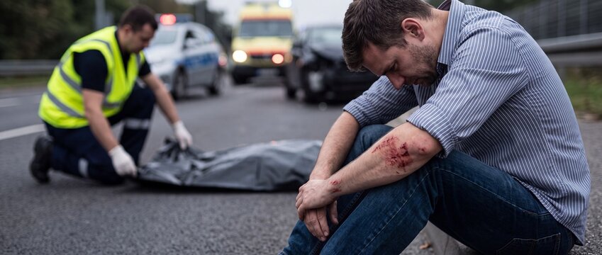 A traumatized man sitting on the roadside with a wounded arm after a tragic car accident, with a first responder attending to a covered body in the background.