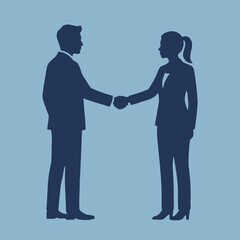 Fototapeta premium Businessman and businesswoman shaking hands silhouette representing successful corporate partnership or deal on blue background