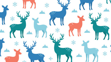 Colorful winter seamless pattern vector illustration with reindeer silhouettes and snowflakes © MSTMONIRA
