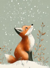 Fototapeta premium small red fox sitting on a snowy mound, looking up at falling snowflakes amid delicate autumnal plants, soft muted background, serene and curious expression