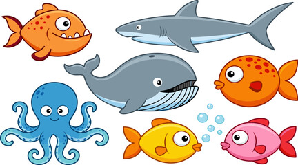 Cute cartoon sea animals collection including whale shark octopus and colorful fishes isolated on white background © MSTMONIRA