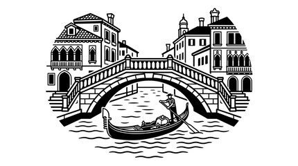 Venice Canal Bridge Gondola Black and White Illustration © toples