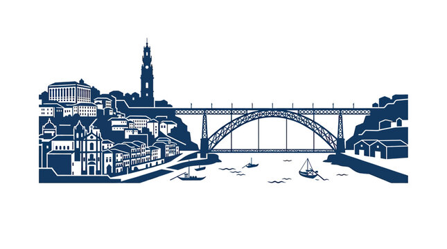 Porto Skyline Silhouette: Dom Lu&iacute;s I Bridge, Ribeira District & Douro River