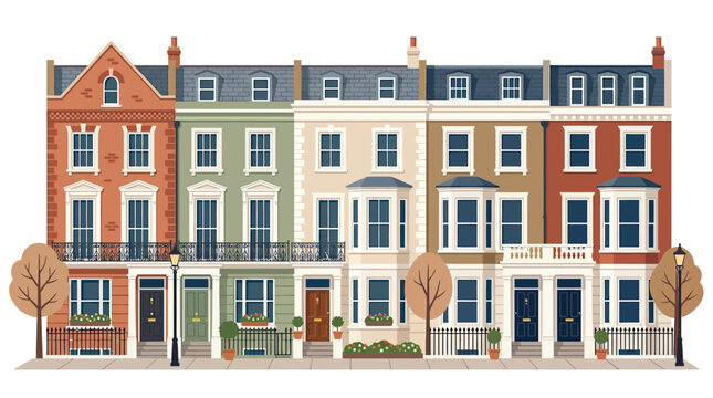 Colorful Row Houses Facades, Victorian Architecture, Urban Street Scene
