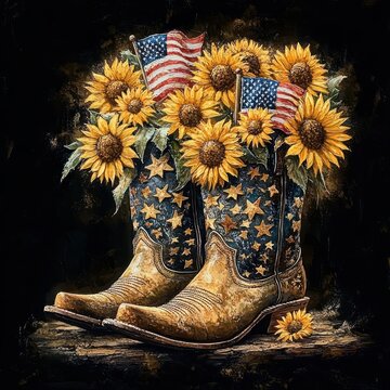 Pair of worn star-studded cowboy boots filled with bright sunflowers and small American flags against a dark rustic background, evoking cheerful patriotic country charm
