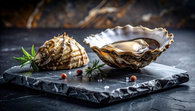 Scallop shells on slate plate seafood.