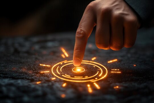 hand pressing glowing orange circular holographic interface on dark textured surface, finger activating futuristic control with focused intent