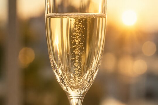 A single stream of champagne bubbles rising in a crystal glass.