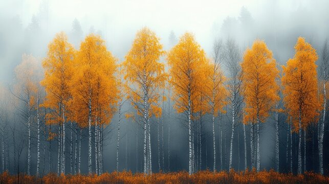 Slender birch trees with golden autumn leaves in a misty forest, white trunks rising above orange undergrowth, serene and melancholic autumn morning