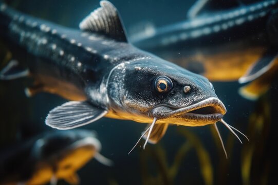 Close-up underwater portrait of a large dark freshwater fish with whisker-like barbels, textured scutes, curious eye, blurred companion fish and aquatic plants in moody light
