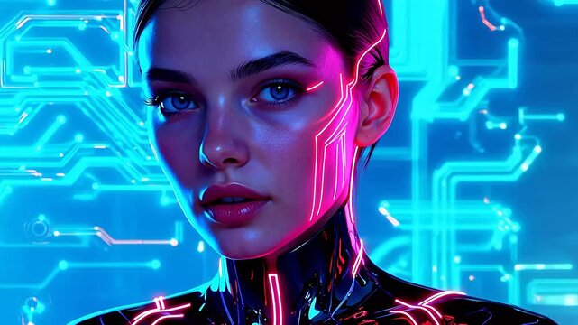 Cybernetic woman with glowing circuit design
