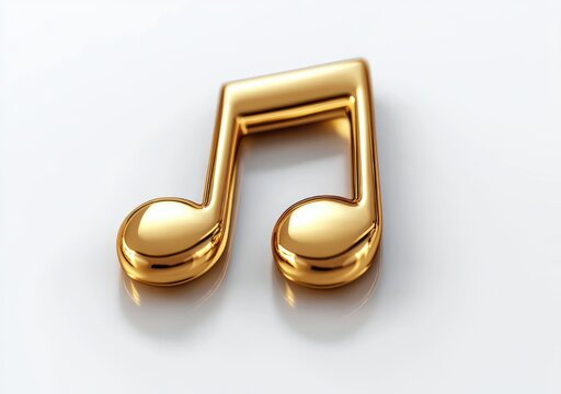 shiny golden beamed eighth note resting on a white reflective surface, elegant and luxurious