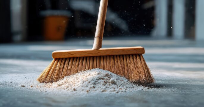 wooden broom with natural bristles sweeping a pile of sawdust and dust across a concrete floor in a workshop, evoking quiet tidy effort and cleanliness