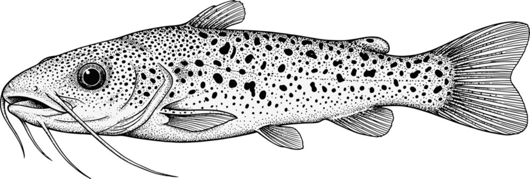 Detailed black and white hand drawn spotted catfish vector illustration in vintage engraving style