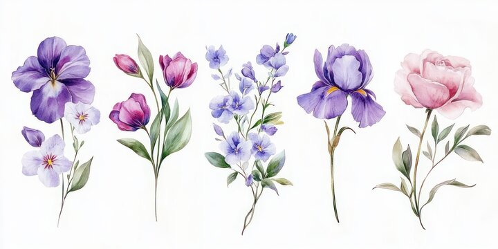 Delicate row of hand-painted watercolor purple and pink flowers &mdash; pansies, tulips, delphinium, iris and a rose on white background, serene and elegant