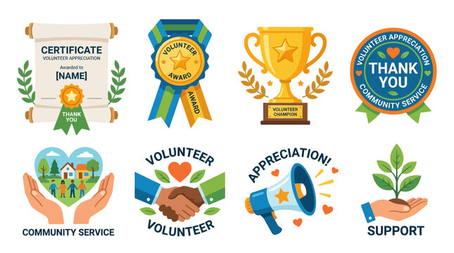 A vibrant collection of community service volunteer appreciation icons featuring a certificate trophy thank you badge and various symbols of support and recognition.