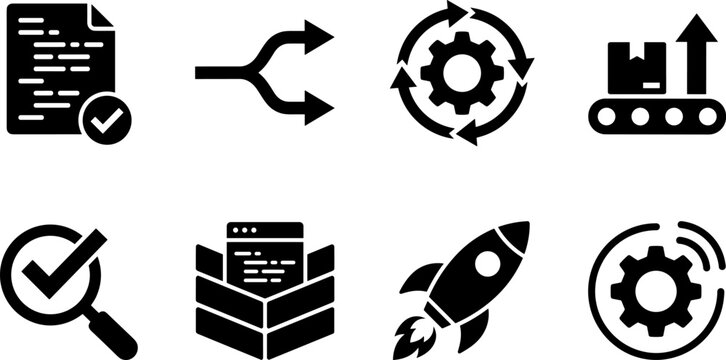 DevOps software development lifecycle and continuous integration solid black vector icon collection for technology platforms