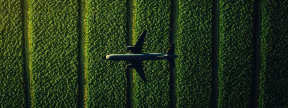 solitary passenger airplane silhouette flying over patterned green crop fields at golden hour, peaceful and contemplative mood