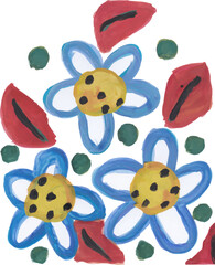 Obraz premium Blue Flowers with Red Leaves and Green Dots Hand-Painted Illustration