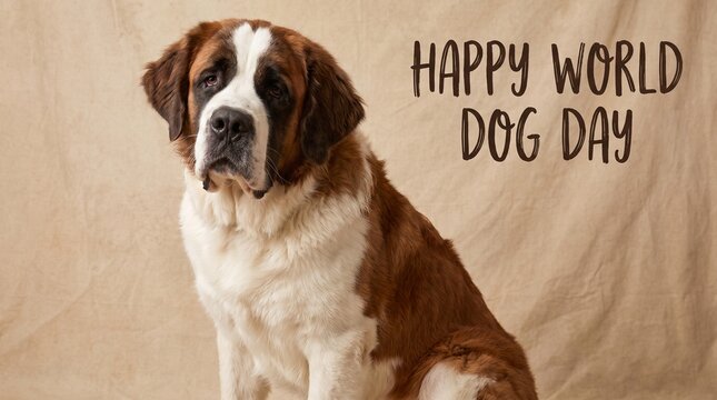 Saint Bernard dog sitting on happy world dog day textured background