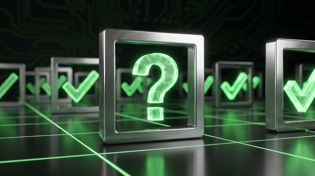 Metallic square frame with glowing green question mark symbol centered among rows of checkmark icons on a dark futuristic grid surface for decision making and problem solving