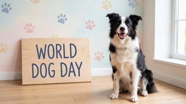 Border collie sitting next to world dog day sign on wooden floor