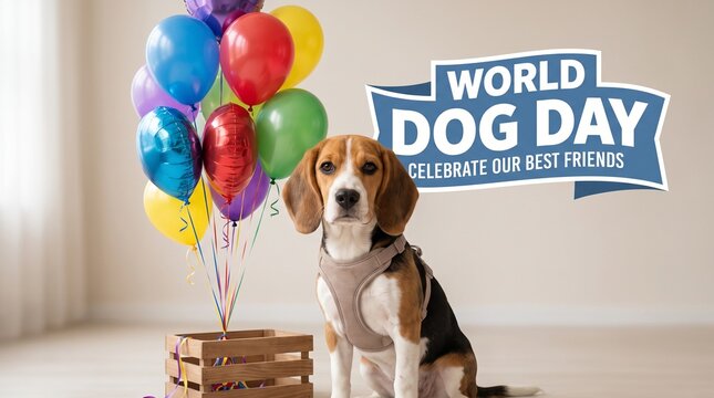 Beagle dog sitting with colorful balloons for world dog day celebration