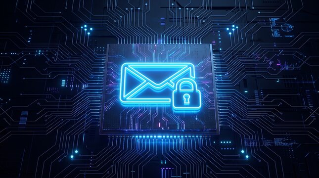 Glowing blue mail icon with a padlock symbol integrated into a high tech computer chip design representing secure email encryption and data privacy for global communications