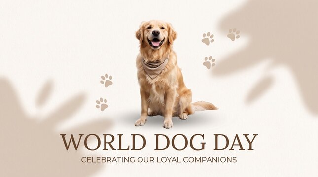 Friendly golden retriever sitting on a neutral studio background with paw print icons for world dog day social celebration.