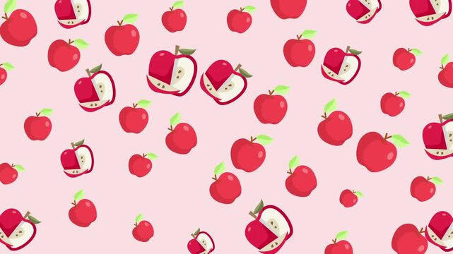 Abstract cute background featuring an animated seamless loop pattern of red apples and slices on a pastel pink backdrop, perfect for video editing.