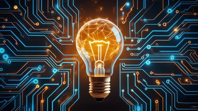 Glowing light bulb sparks creativity over circuit board with firefly illumination inspiring innovation and technology ideas