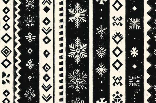 Vertical black-and-cream stripes filled with hand-drawn snowflake and geometric folk motifs, cozy nostalgic winter decorative pattern