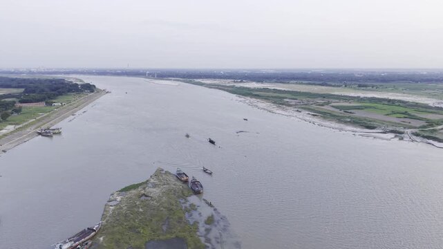 Forward Drone Flight Over a Small Sand Island on the Padma River in kushtia, bangladesh.