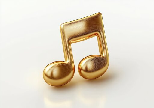 shiny golden metallic eighth note sculpture on white background with soft shadow, evoking elegance and joy