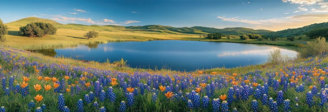 Sunlit panoramic meadow lake with blue and orange wildflowers, rolling green hills, scattered trees and calm reflective water under a clear blue sky, peaceful and uplifting