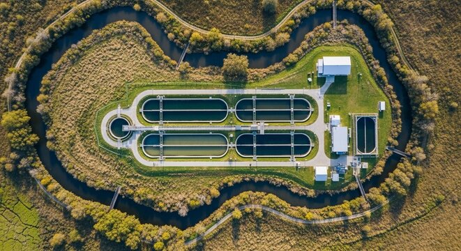 Aerial view of a large wastewater treatment plant with interconnected basins and buildings, surrounded by natural waterways and greenery, showcasing industrial water purification infrastructure.