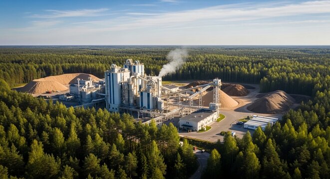 Aerial view of a large wood pellet factory complex surrounded by lush green forests, emitting smoke plumes into the sky.