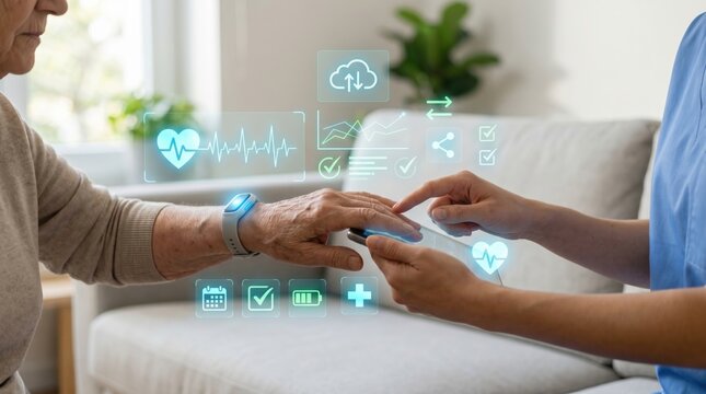 Elderly woman wearing smartwatch monitored by nurse using tablet with health data interface