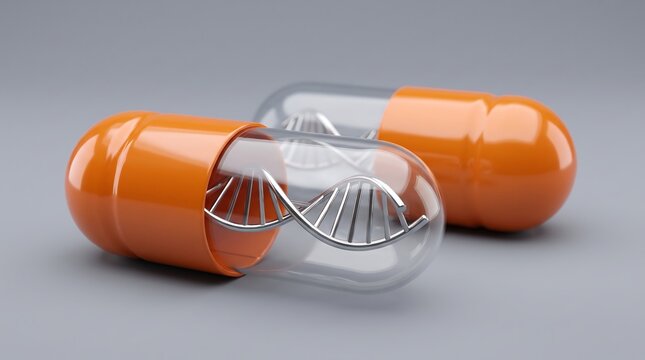 Single orange medical capsule containing metallic dna double helix structure resting on plain gray surface as concept for genetic engineering and pharmaceutical innovation