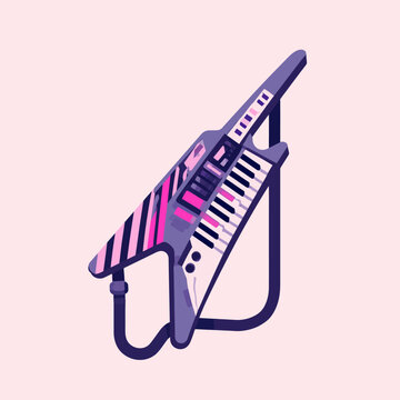 A purple and pink keytar synthesizer with black stripes