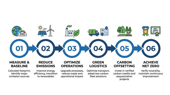 Sustainable business strategy, eco-friendly operations, carbon reduction steps, green logistics process isolated on White Background flat vector eps silhouette