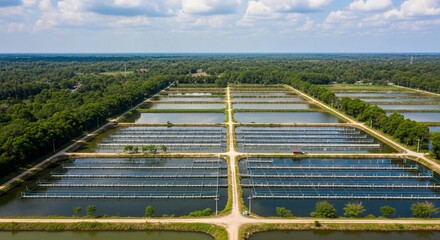 Fototapeta premium Expansive aerial view of a modern shrimp aquaculture farm with numerous rectangular ponds bordered by lush green trees under a partly cloudy sky.