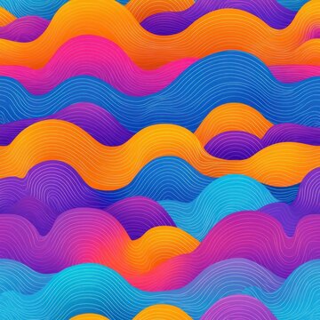 Vibrant flowing layered waves with colorful gradients and fine contour lines, energetic playful abstract pattern