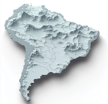 Stylized 3D topographic map of South America showing mountain ranges, river valleys, coastal textures and soft shadows in pale blue with a serene scientific aesthetic
