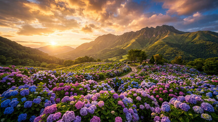 Fototapeta premium Colorful hydrangea flower field at the foot of rolling mountains during sunset.