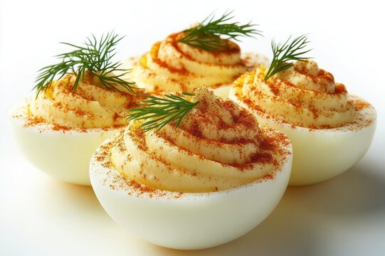 four deviled egg halves with piped creamy yolk filling, dusted with paprika and topped with fresh dill sprigs on a white background, appetizing and elegant presentation