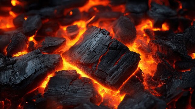 smoldering charcoal embers glowing with intense orange heat and cracked black coals, warm and powerful atmosphere