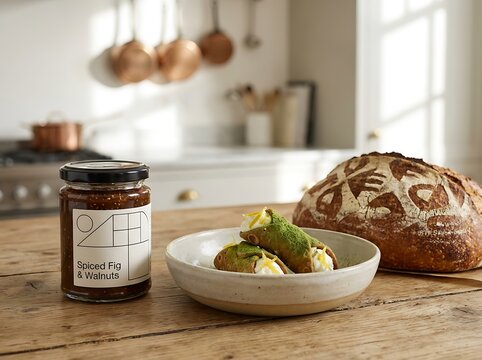Gourmet Spiced Fig and Walnut Preserve Jar with Artisanal Bread and Cannoli