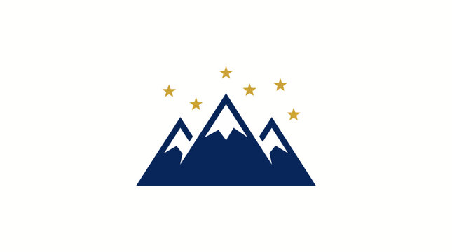 Minimalist blue mountain peaks and golden stars logo design for outdoor adventure, hiking, and nature exploration brand identity